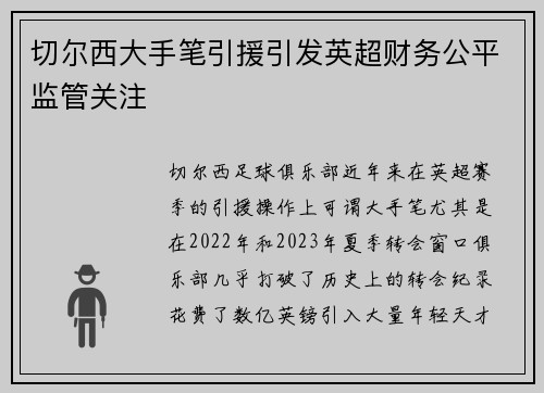 切尔西大手笔引援引发英超财务公平监管关注 切尔西大手笔引援引发英超财务公平监管关注